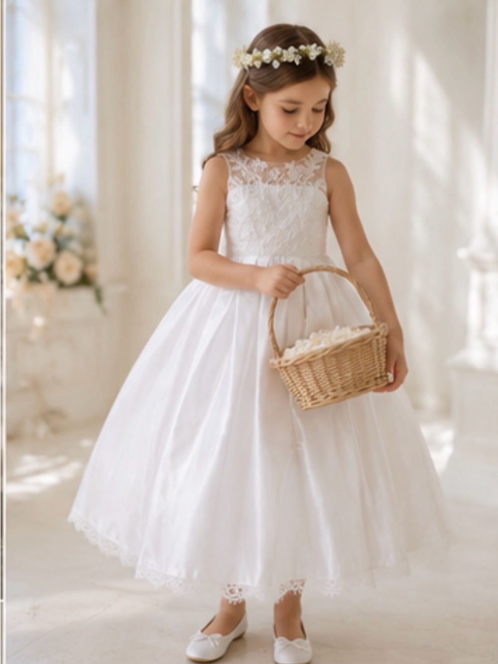 JJ’s House Ivory Flower Girl Dress Lace Satin Communion Wedding Party Dress